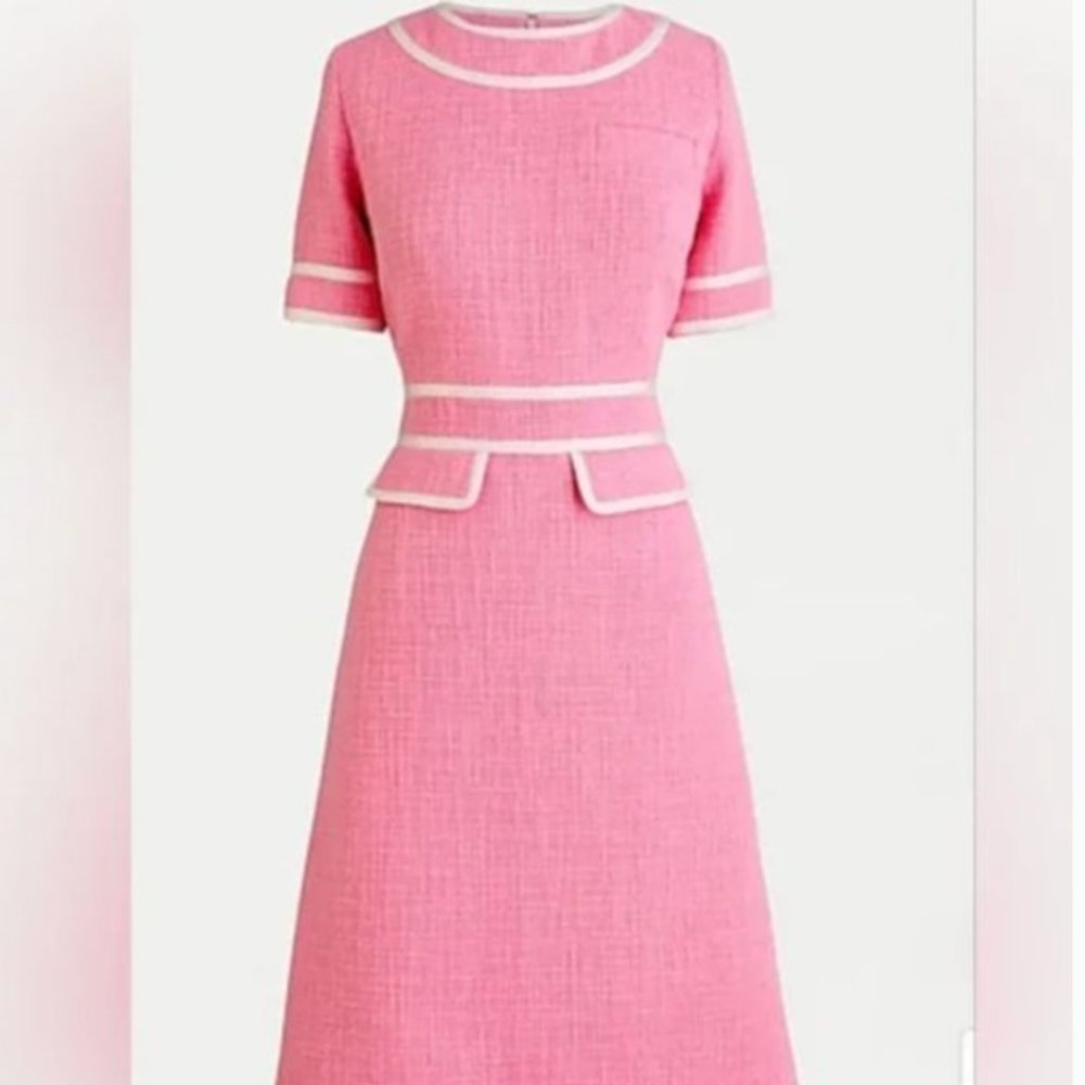 J. Crew Pink Tweed Midi Dress with White Trim